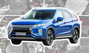 Niebieski Mitsubishi Eclipse Cross z bliska, z widokiem na silnik i detale nadwozia.