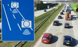Znak informuje o odcinkowym pomiarze prędkości na autostradzie. Uważaj na kamery!