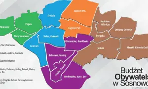 Mapa Sosnowca z podziałem na dzielnice, np. Centrum, Zagórze Płn., Kalinowa. To element budżetu obywatelskiego.