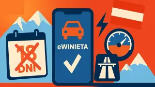 Kupujesz winietę na Węgry? Aplikacja e-winieta, kalendarz z przekreślonym 18 dniem, autostrada i prędkościomierz.