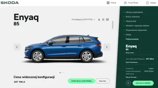 Skoda Enyaq 85 w kolorze niebieskim, cena 247 100 zł. Konfiguracja widoczna na ekranie.