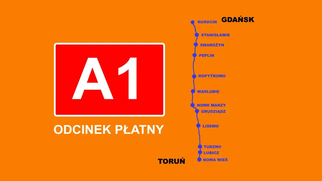 Mapa autostrady A1, zwanej też autostradą bursztynową, z zaznaczonymi miastami od Torunia do Gdańska.