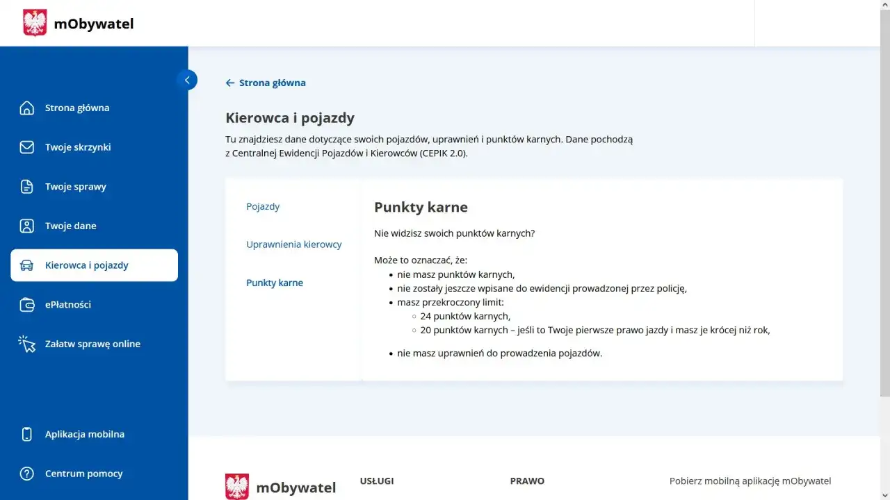 Gdzie sprawdzić punkty karne? Na stronie "Kierowca i pojazdy" w aplikacji mObywatel znajdziesz informacje o swoich punktach karnych.