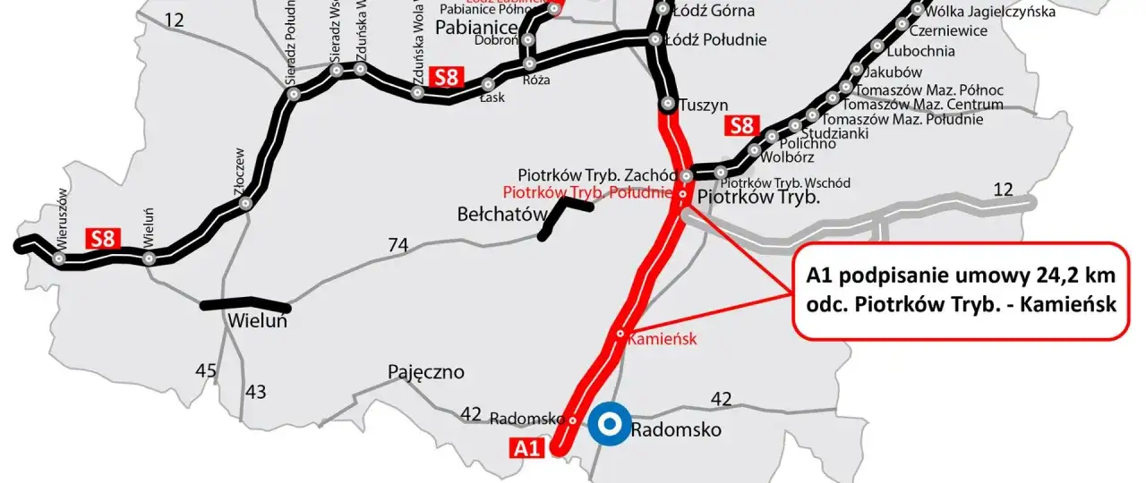 Mapa dróg z zaznaczoną autostradą bursztynową S8 i A1, przebiegającą przez Łódź, Piotrków Trybunalski i Radomsko.
