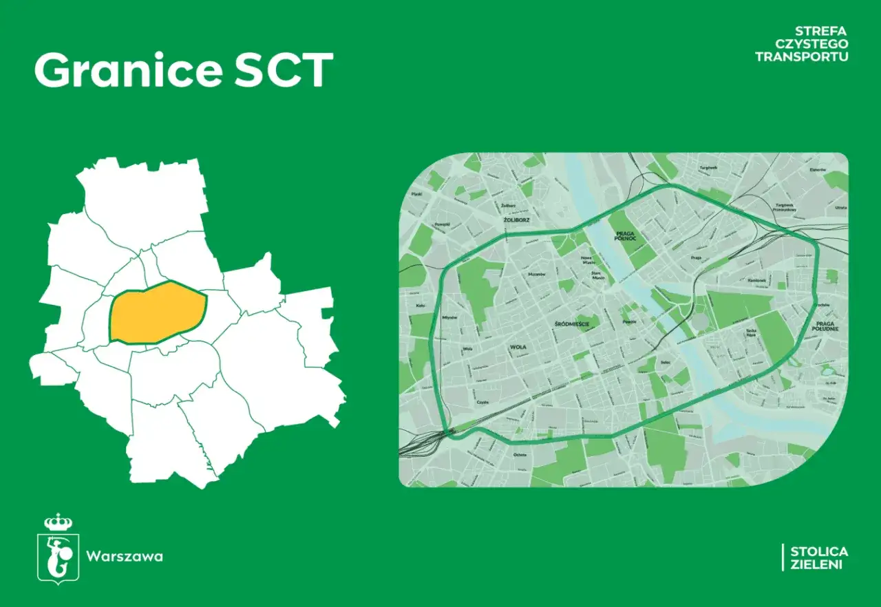 Mapa Warszawy z zaznaczoną strefą czystego transportu.