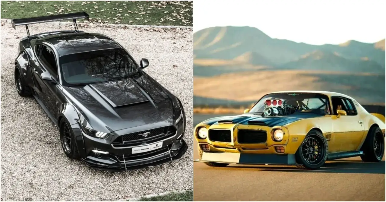 Dwa potężne muscle cary: czarny Mustang z wielkim skrzydłem i żółty Pontiac z widocznym silnikiem.
