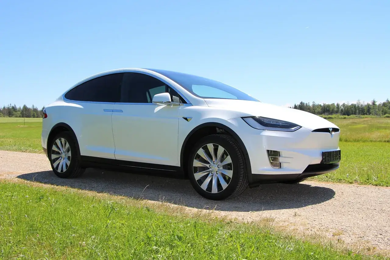 Biały Tesla Model X na tle zielonej łąki i błękitnego nieba. Atrakcyjna tesla cena zachęca do zakupu.
