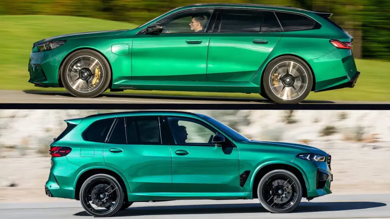 Dwa zielone BMW w ruchu: eleganckie kombi auto i sportowy SUV.