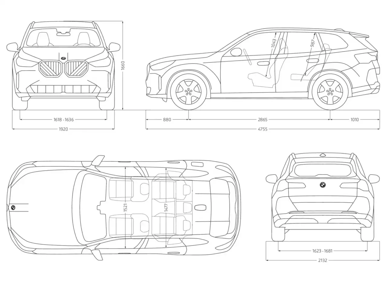 Rysunek techniczny BMW X3 z wymiarami: szerokość 1920 mm, długość 4755 mm, wysokość 1660 mm.