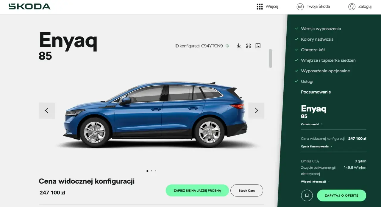Skoda Enyaq 85 w kolorze niebieskim, cena 247 100 zł. Konfiguracja widoczna na ekranie.