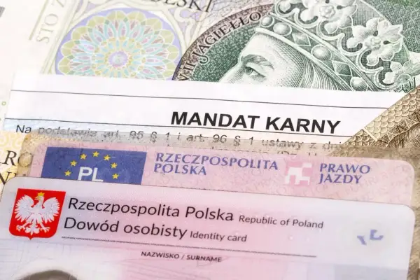 Mandat karny, prawo jazdy i dowód osobisty na tle banknotu. Ile jest pytań na prawo jazdy? To zależy od kategorii.