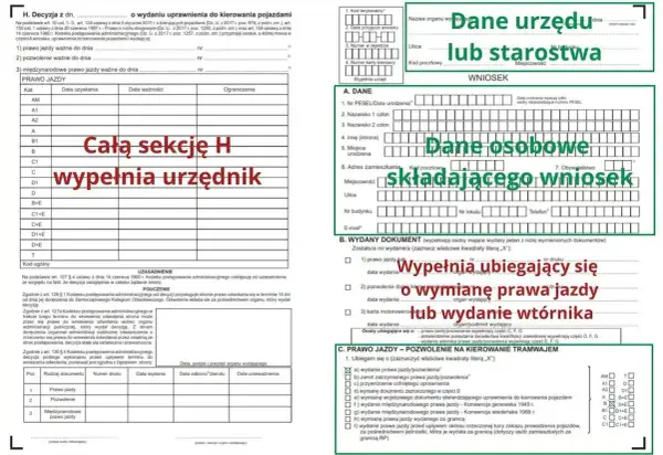Wniosek o prawo jazdy online: dane urzędu lub starostwa, dane osobowe składającego wniosek, wypełnia ubiegający się o wymianę prawa jazdy lub wydanie wtórnika.
