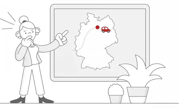 Kobieta planuje podróż po Niemczech, wskazując na mapę. Może to być związane z planowaniem trasy lub sprawdzaniem, gdzie znajdują się niemieckie tablice rejestracyjne.