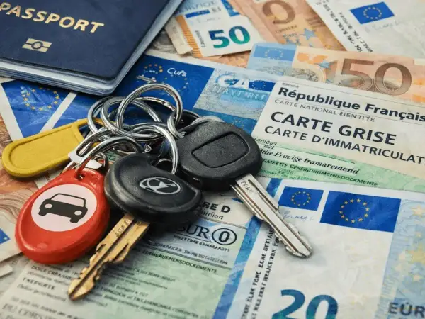 Kluczyki do auta, paszport i dokumenty, w tym karta pojazdu (carte grise) i pieniądze, sugerują podróż lub zakup samochodu. RLU rejestracja wkrótce!