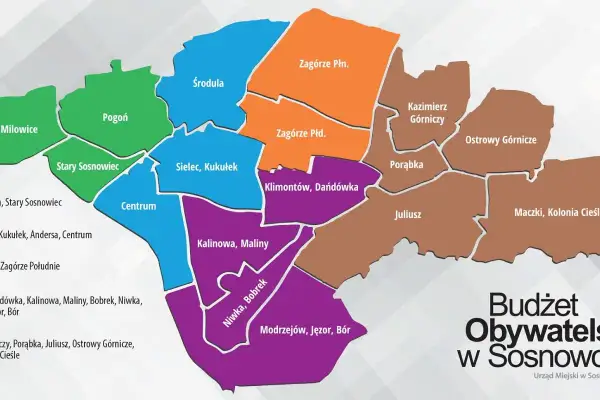 Mapa Sosnowca z podziałem na dzielnice, np. Centrum, Zagórze Płn., Kalinowa. To element budżetu obywatelskiego.