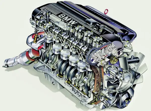 Przekrój silnika BMW M52 z widocznymi tłokami, wałkami rozrządu i turbosprężarką.