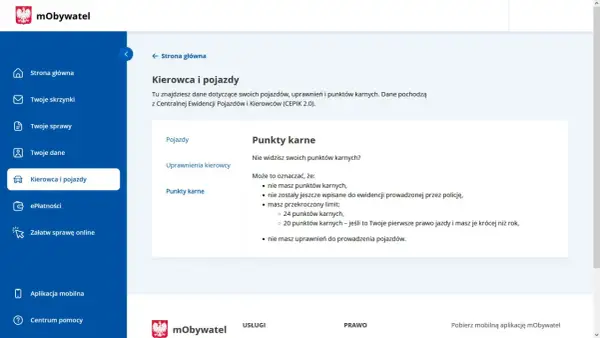 Gdzie sprawdzić punkty karne? Na stronie "Kierowca i pojazdy" w aplikacji mObywatel znajdziesz informacje o swoich punktach karnych.