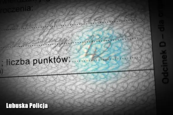 Dokument z pieczątką Lubuskiej Policji, widoczna liczba punktów i tekst "Odcinek D - dla org". Może to być mandat lub inny dokument związany z grzywną.