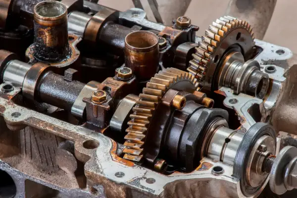 Widok mechanizmu rozrządu z widocznym kołem zmiennych faz rozrządu, wałkami i zębatkami, pokryty olejem.