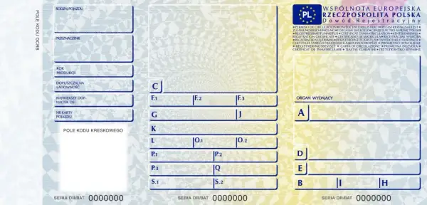 Fragment dowodu rejestracyjnego z polskimi oznaczeniami. Widoczne pola: Rodzaj pojazdu, Przeznaczenie, Rok produkcji, Nr karty pojazdu.