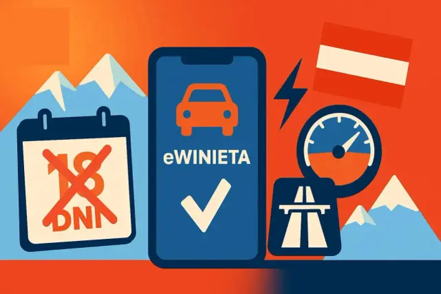 Kupujesz winietę na Węgry? Aplikacja e-winieta, kalendarz z przekreślonym 18 dniem, autostrada i prędkościomierz.